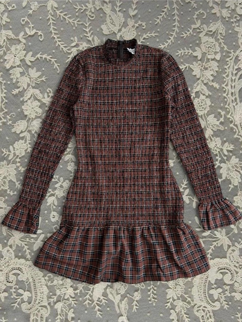 Joie Houda Mini Dress Brown Plaid Retro Ruffled Cuff Hem Mock Neck Fall Coquette